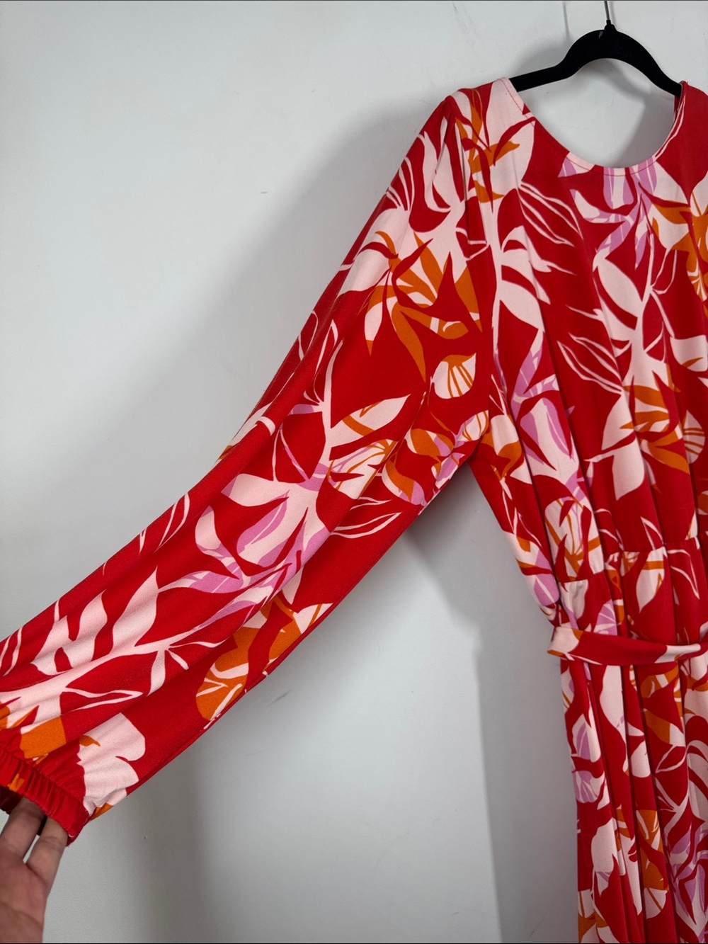 Eloquii Floral Midi Dress Red Pink Size 18 Belted Long Sleeve Summer Boho Chic - Picture 4 of 15